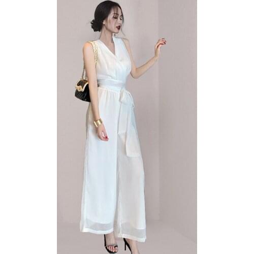 Women Chiffon Two Piece Sets Summer New Fashion Elegant Lace Up V neck Sleeveless Shirt With Drape Wide Leg Pants Commute Sets