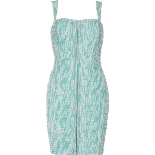 2021 Womens Summer Sleeveless Dress Draped Sexy Spaghetti Strap Mesh Club Celebrity Evening Party Mini Dress