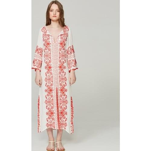 2018 Runway Embroidery Dress Vintage Maxi Hippie Ethnic Vestidos Deep V Neckline Elegant Women Cotton Evening Party Dress