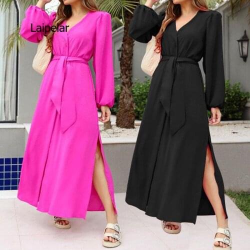 Womens dress 2021 casual solid color V-neck long-sleeved split womens long skirt pink dress suit mid-length skirt