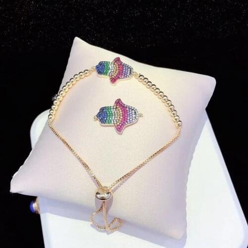 6PCS ZYZ-B9905 Rainbw CZ Micro Pave Hamsa hand Connector with 4mm Copper Beads Charm Chain Bracelet Women Jewelry