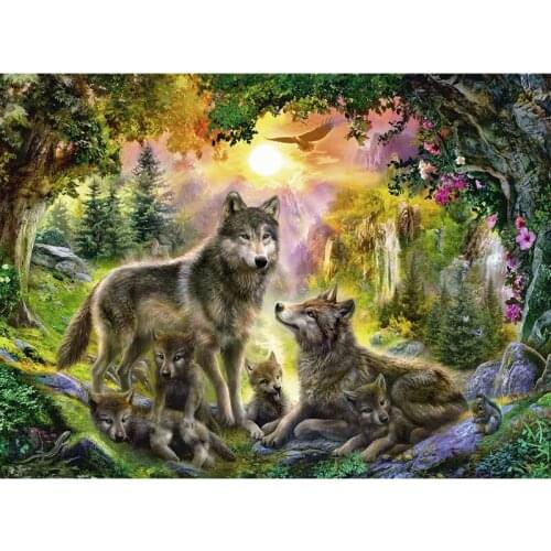 Full Square/Round 5D Diy Diamond Painting Wolf Family in Enchanted Forest Embroidery Cross Stitch Handmade Mosaic Home Decor