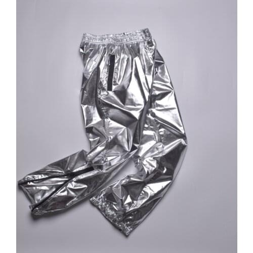 Shiny Silver Pants Loose Harem Fashion Hip Hop Men Casual Zipper Joggers Sweatpants Performance Metallic Trousers Large Size