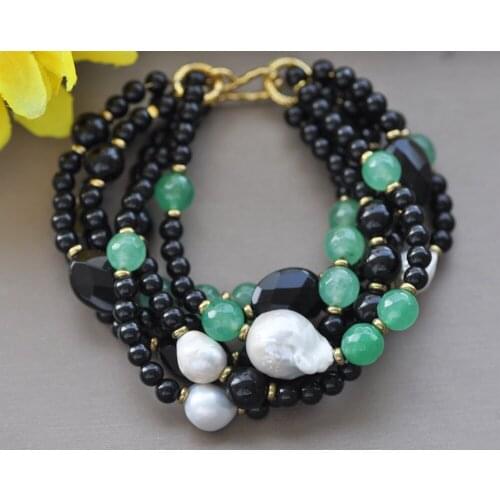 Z10666 6Row 8" 22mm White Drip Keshi Pearl Green Jade Black Agate Bracelet