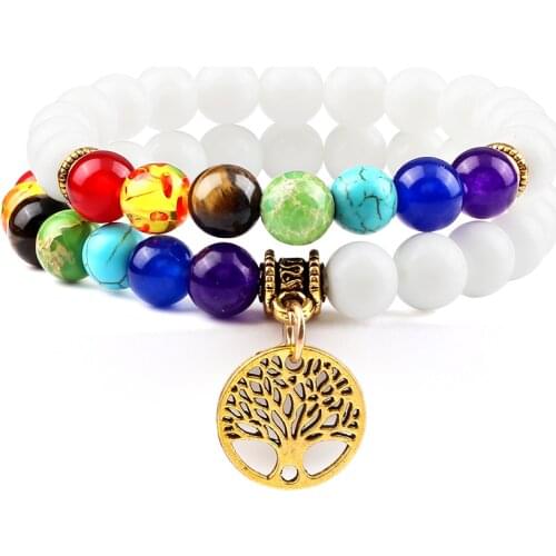 2pcs/set White Natural Stone Beaded Bracelets Men Classic 7 Chakra Tree Of Life Bracelet Women Om Symbol Yoga Meditation Jewelry