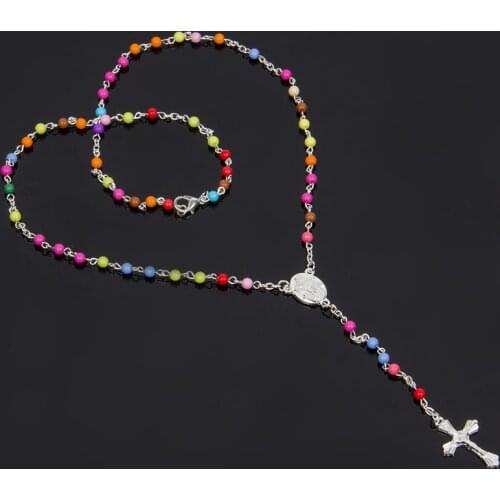 Jesus Christ Cross Pendant Necklaces Alloy Bead Long Chain Mens Women Virgin Mary Christian Fashion Jewelry Rosary Necklace