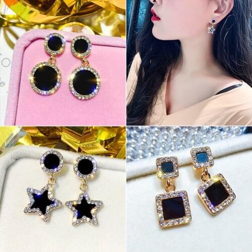 Statement Earrings 2020 Black Square Star Crystal Earrings For Women Gold Color Rhinestone Wedding Earings Fashion Jewelry Boho