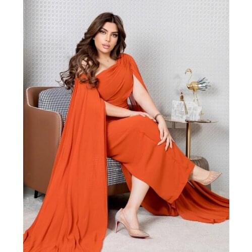 Elegant A-Line Orange Chiffon Pleated Evening Dresses with Pockets Long Zipper Back Abendkleider Robes de Soirée for Women