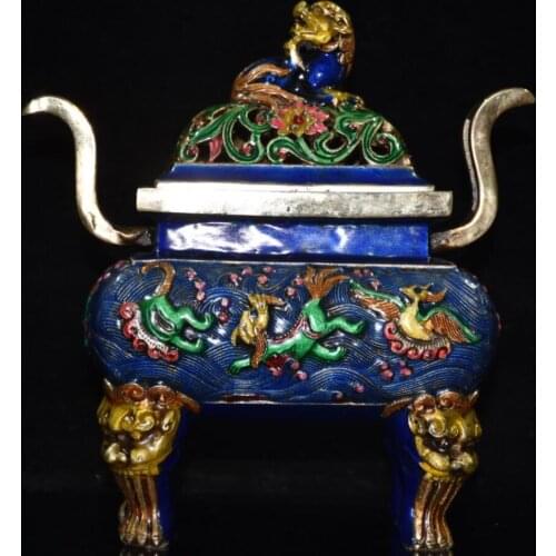 China brass cloisonne lion Incense burner crafts statue