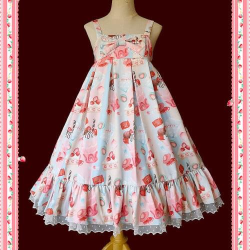 Lolita Rainbow Color Strawberry Cake Dessert Party PrintJSK Tea Party Girl Sweet Soft Lolita Cosplay Dress Maid Costume Dress