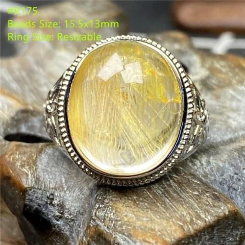 Top Natural Gold Rutilated Quartz Ring For Woman Man Wealth Crystal Healing Gemstone Silver Beads Adjustable Jewelry Ring AAAAA