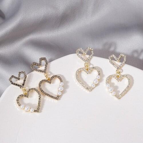 Cute Shinning Rhinestone Simulated Pearl Heart Earrings for Women Girl Gold Color Metal Hollow Layers Drop Earrings Pendientes