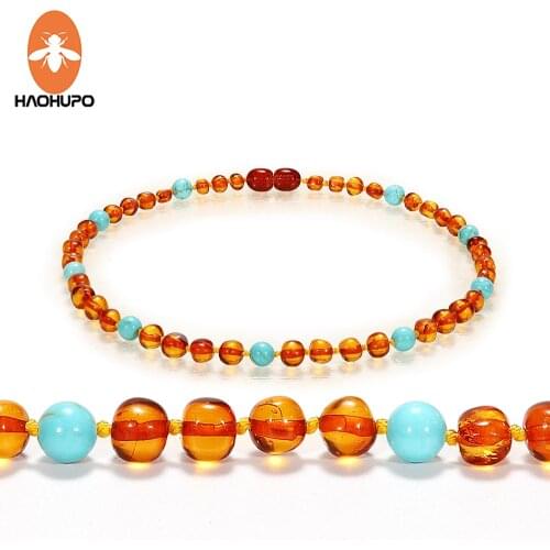 HAOHUPO Baby Mama New Amber Necklace Polished Ambar & Turquoise Baltic Amber Jewelry Baroque Beads Necklace