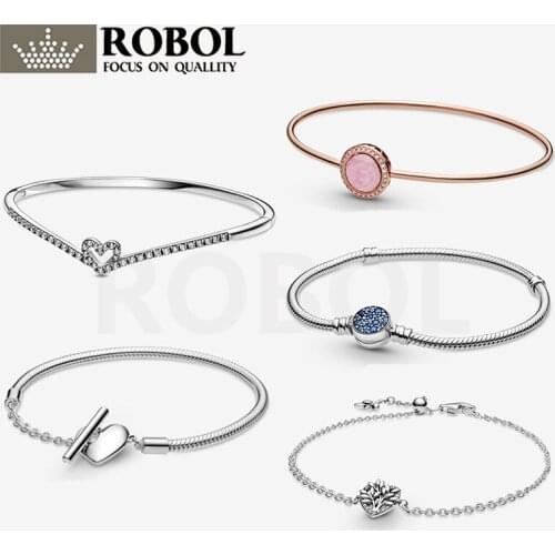 Original 925 Sterling Silver Jewelry Pink Swirl Bangle Sparkling Wishbone Heart Bangle Moments Heart T-Bar Snake Chain Bracelet