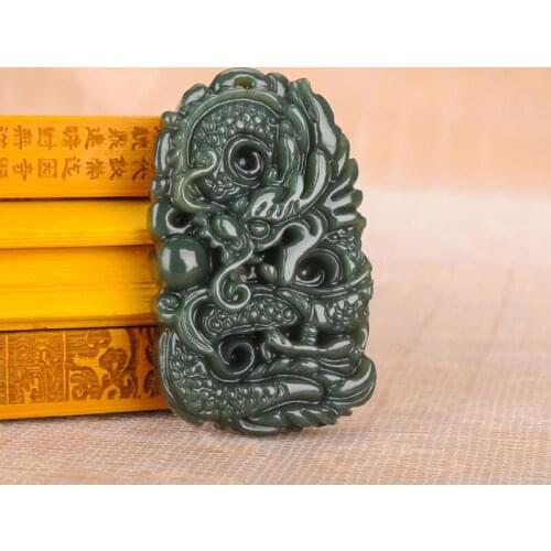 Natural Green Jade Dragon Pendant Necklace Charm Jewellery Fashion Accessories Hand-Carved Man Luck Amulet Gifts