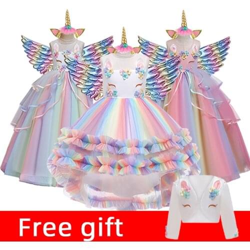 Flower Girl Unicorn Rainbow Wedding Party Long Dress Baby Girls Birthday Princess Costume Colorful Dance Performance Dress Set