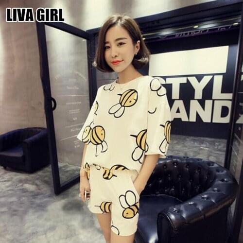 Liva Girl Casual Soft Summer Honey Bee Printed Women Sets Top T-shirt and Shorts Elastic Waist Loose Women Suit Sportswear Gifts