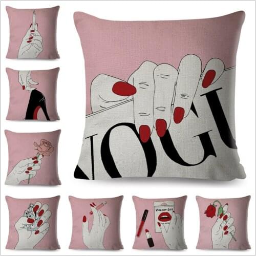 Simple Pink Fashion Finger Pillow Case Decor Print Vogue Cartoon Girl Cushion Cover for Car Sofa Home 100% Polyester Pillowcase