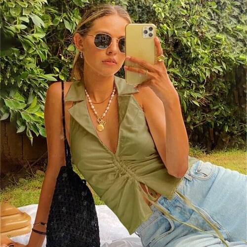 Halter Sexy Women Crop Top V Neck Casual Sleeveless Tank Top Turn-down Collar Bodycon Tops Ruched Drawstring Summer Tops 2021