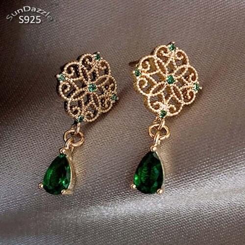 925 Sterling Silver Needle Long Dangle Earrings for Women Jewelry Gold Vintage Flower Green CZ Female Drop Earrings Bijoux