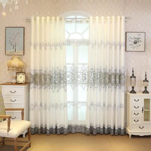 European Style Gray Curtains with Flower Embroidery for Living Room Bedroom Window Treatment Luxury Sheer Tulle Drapes