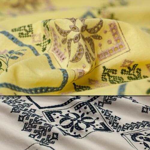 Embroidery floral&plaid pattern pure cotton fabric,light yellow,sewing for shirt,dress,home,curtain,craft by 55cm length piece