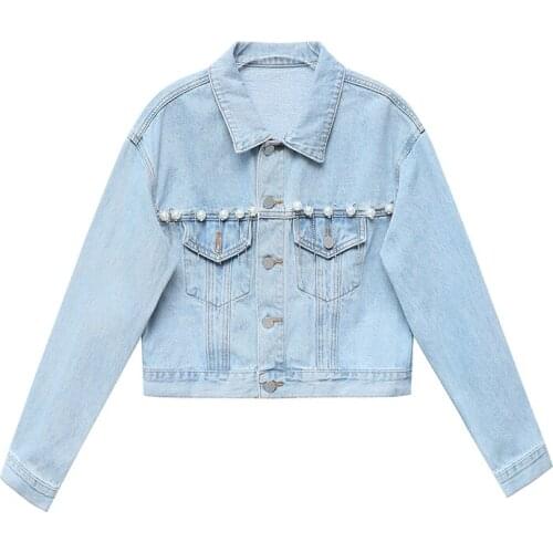 Womens Jackets Pearl Beading Blue Denim Jacket Short Style Fall Coat Long Sleeve Jeans Clothing Female Casual Outercoat W009