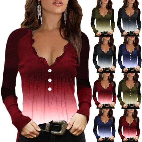 2021 Autumn New Fashion Ladies V-Neck Gradient Printing Lace T-Shirt Casual Sexy Long Sleeve Top Women Clothing Plus Size 5XL