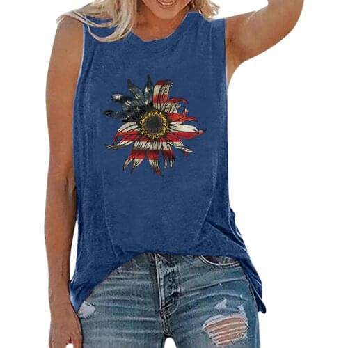 Women Fashion Casual Round Neck Short Sleeve Solid Color Colorful Sunflower Scattered Flowers Pinting Independence Day T-Shirt