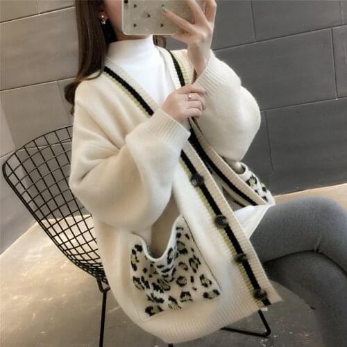 Women V Neck Cardigan Autumn Winter Long Knitted Loose Sweaters Long Sleeve Top Pockets Korean Fashion Jackets Female Outwear
