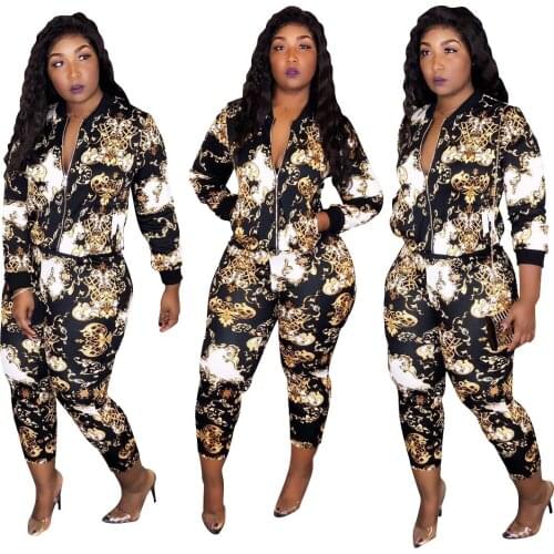 2021 New Fashion Elegant Style Women Set 2 Pcs Long Sleeve O Neck Print