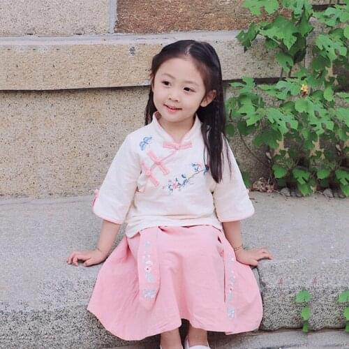 Cute Girls Chinese Traditional Costumes Top Skirts Set Tang Suit Pink Blue Cheongsam Hanfu Embroidery Summer Short Sleeve 2021