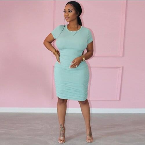 Grey/blue/black Drawstring Backless Skinny Dress Women O Neck Short Sleeve Package Hip Dress Streetwear Ruched Stretchy Dress