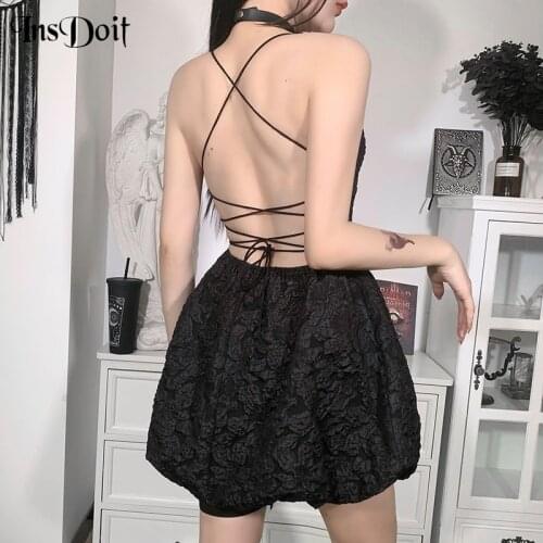 InsDoit Gothic Sexy Black Summer Dress Women Vintage Backless Aesthetic A-LINE Dress Harajuku Sleeveless Party Club Dresses 2021
