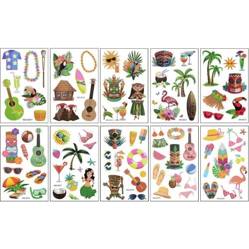 10 Sheets Hawaiian Theme Party Stickers Temporary Tattoo Kids Birthday Party Beach Holiday Decoration Cartoon Tattoo Stickers