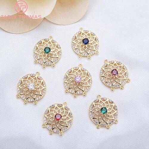 2PCS 18x15MM 24K Gold Color Plated Brass with Zircon Hollow flower Round Charms Pendants High Quality Diy Jewelry Accessories