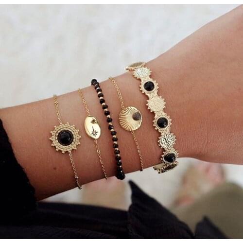 5 Pcs/Set Bohemian Classic Multilayer Bracelets Set Geometric Round Sun Bead Chain Gold Bangle Bracelet Vintage Jewelry Gifts