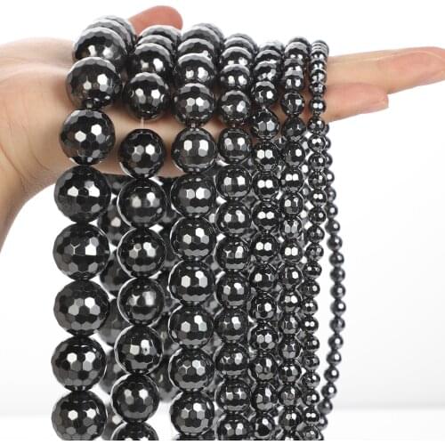 Natural Stone Beads Smooth Cut corner Hematite Round Loose Beads For Jewelry Making DIY Bracelet Accessories 2-12mm