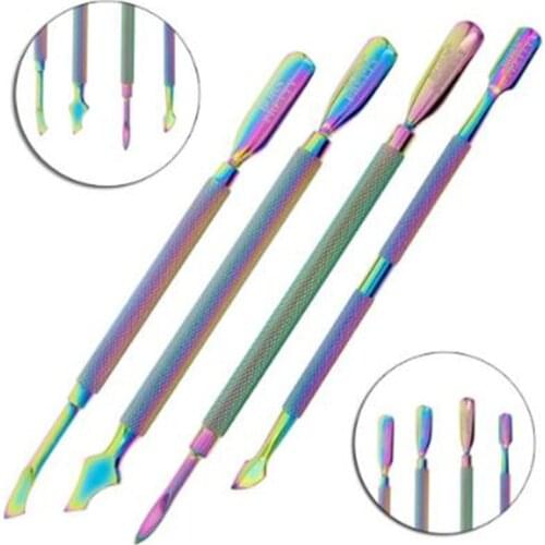 Dual-ended Chameleon Nail Cuticle Pusher Dead Skin Remover Rainbow Stainless Steel Manicure Pedicure Nail Art Tool 4 Patterns