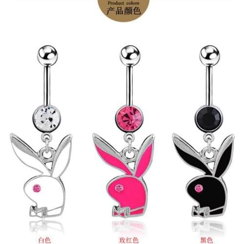 JINGLANG Exquisite Rhinestone Dripping Oil Cute Rabbit Belly Button Ring Sexy Belly Dance Piercings Jewelry