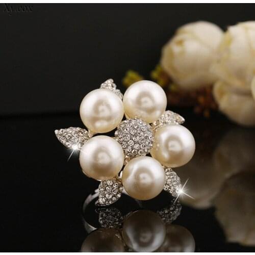 Adjustable Crystal Rhinestone Imitation Pearls Rings Wedding Finger Ring