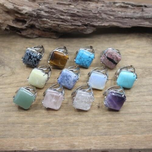 Square Cabochon Natural Stone Ring Lemon Jades Rhodonite Sodalite Turquoises Resizable Finger Rings Women Fashion Jewelry,QC4058