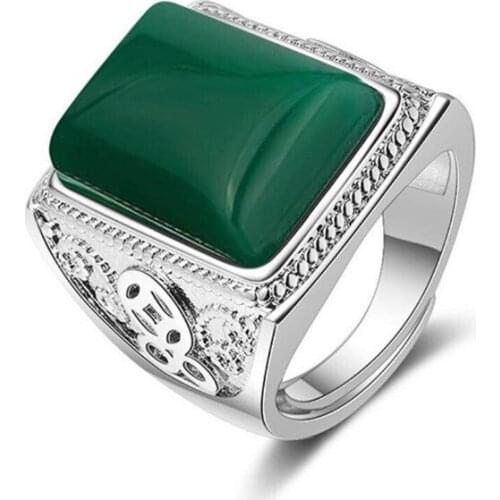 Popular Silver Plated Square Shape Green Agates Resizable Finger Ring for Women Fashion Jewelry