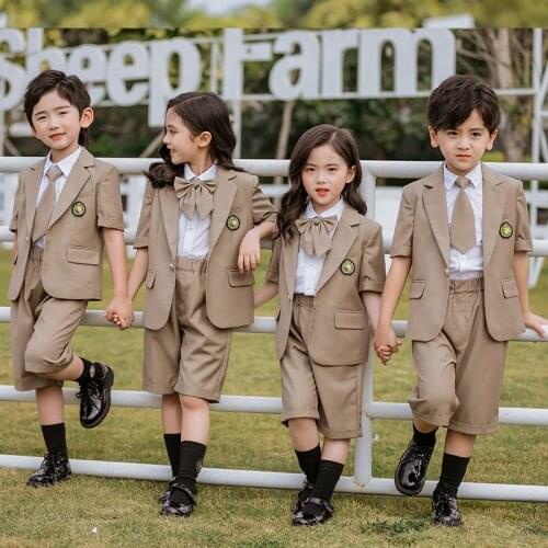 Children School Uniform Girls Boys Short Sleeved Blazer Coat Shirt Dress Shorts Clothes Tie Set Korean Japanese Student Outfit