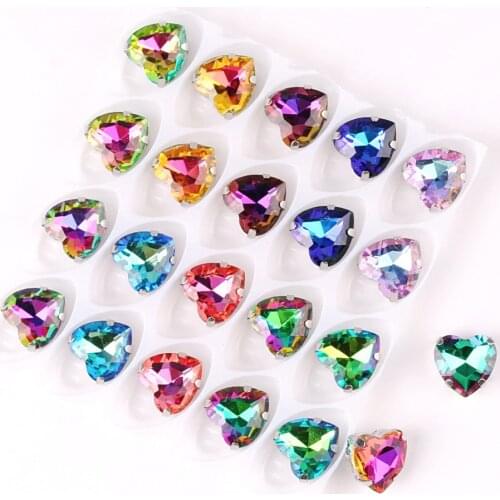 Heart shape Silver claw settings 20pcs/Pack 10mm rainbow & jelly AB glass Crystal Sew on rhinestone Crystals applique diy trim