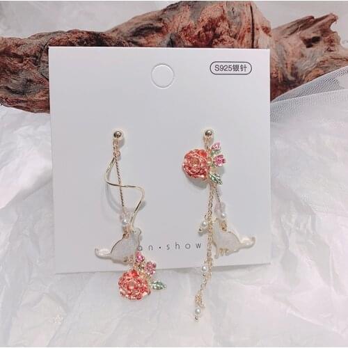 Lifefontier Exquisite Colorful Enamel Rose Drop Earrings for Women Asymmetric Shell Cat Charm Chain Tassels Earrings Jewelry