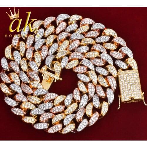 Mix Color 12mm Iced Out Zircon Cuban Necklace Hip Hop Jewelry Gold Color Copper Material CZ Clasp Mens Vintage Necklace Link