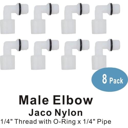Jaco Nylon Elbow Connector 1/4" thread Male x 1/4" Tube Fittings for Water Filters and RO Systems - 8 PACK