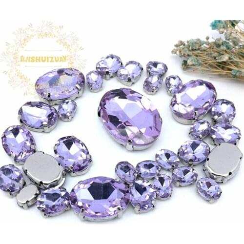 NEW!!! 30pcs 5 SIZES MIX Crystal violet OVAL Size Crystal Glass Sew-on Rhinestones Silver Bottom DIY wedding decoration
