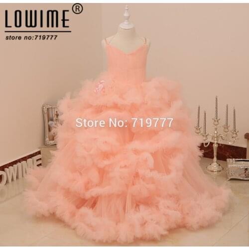 Princess Pink Flower Girl Dresses 2017 Custom Made Ball Gown Pageant Dresses For Girls Glitz Tiered Cloud Kids Prom Dresses